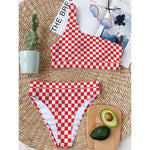 Red And White Checkered Pattern Print One Shoulder Bikini Top