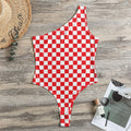 Red And White Checkered Pattern Print One Shoulder Bodysuit