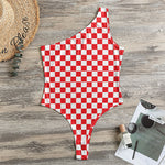 Red And White Checkered Pattern Print One Shoulder Bodysuit