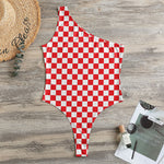 Red And White Checkered Pattern Print One Shoulder Bodysuit