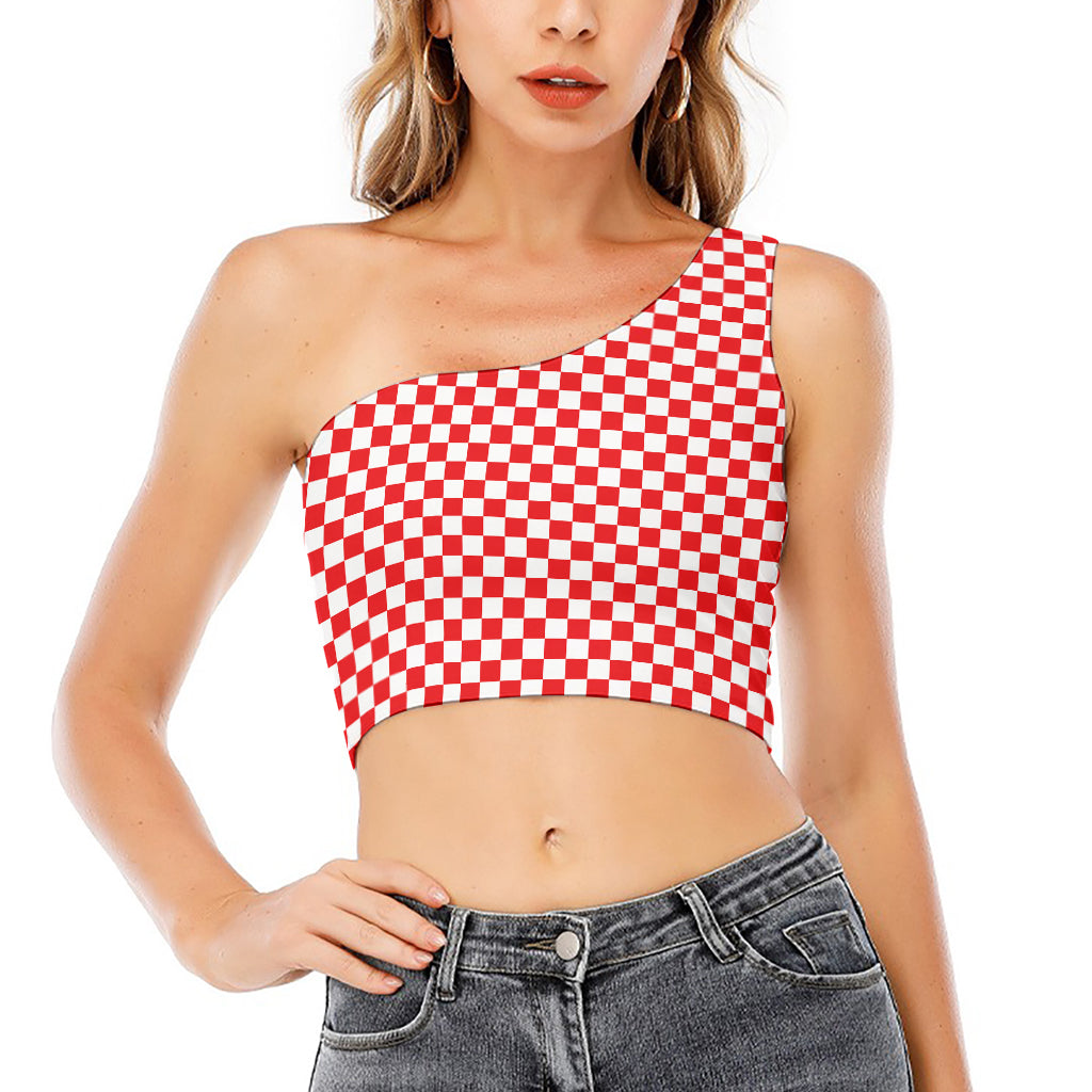 Red And White Checkered Pattern Print One Shoulder Crop Top