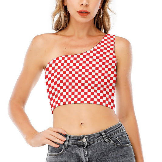 Red And White Checkered Pattern Print One Shoulder Crop Top
