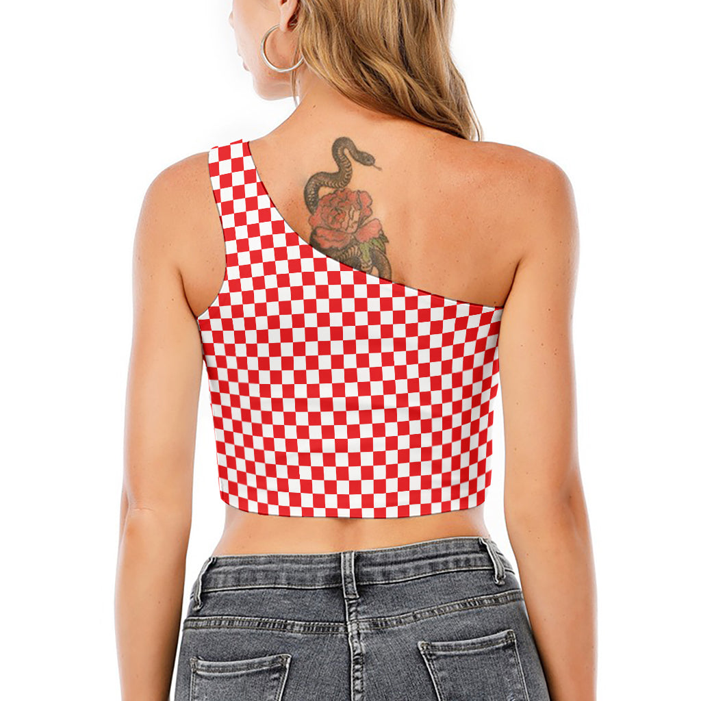 Red And White Checkered Pattern Print One Shoulder Crop Top