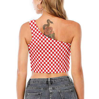 Red And White Checkered Pattern Print One Shoulder Crop Top