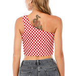 Red And White Checkered Pattern Print One Shoulder Crop Top