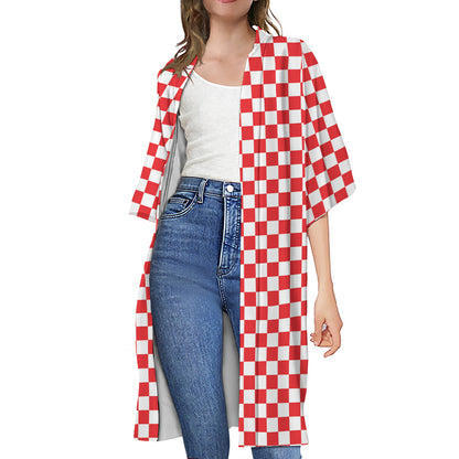 Red And White Checkered Pattern Print Open Front Beach Cover Up