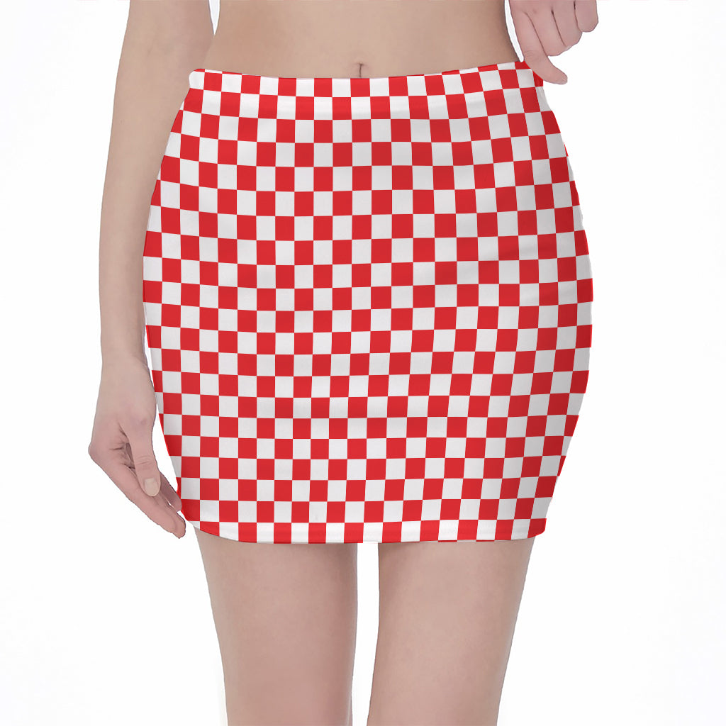 Red And White Checkered Pattern Print Pencil Mini Skirt