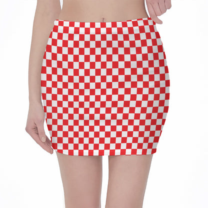 Red And White Checkered Pattern Print Pencil Mini Skirt