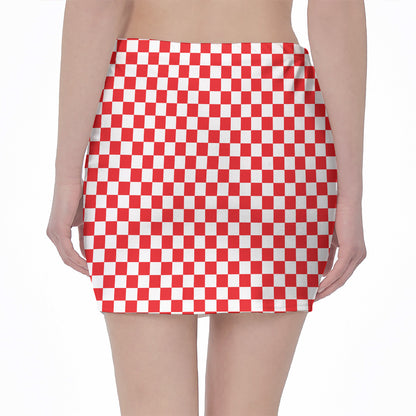 Red And White Checkered Pattern Print Pencil Mini Skirt