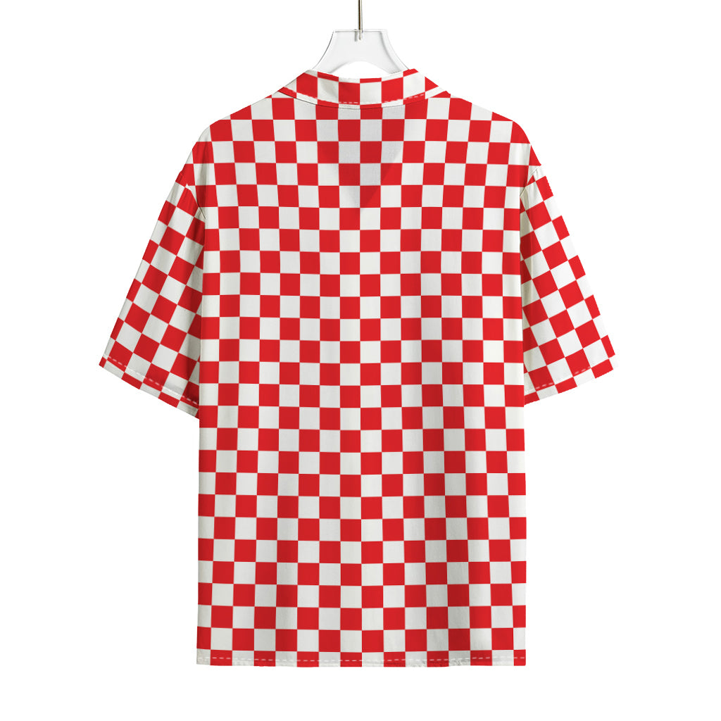 Red And White Checkered Pattern Print Rayon Hawaiian Shirt