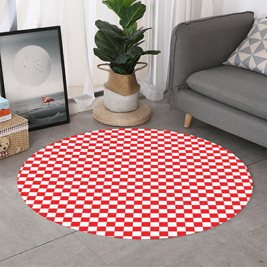 Red And White Checkered Pattern Print Round Rug