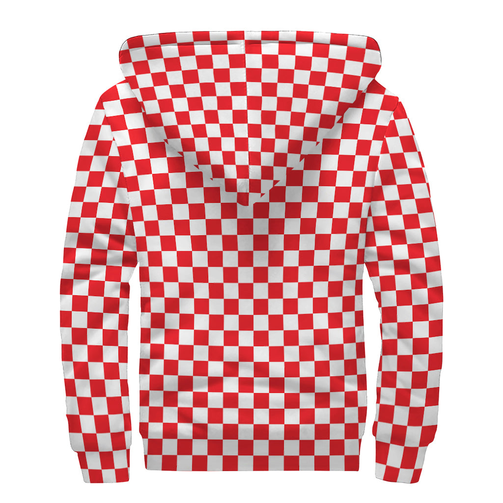 Red And White Checkered Pattern Print Sherpa Lined Zip Up Hoodie