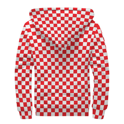 Red And White Checkered Pattern Print Sherpa Lined Zip Up Hoodie