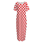 Red And White Checkered Pattern Print Short Sleeve Long Nightdress