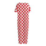 Red And White Checkered Pattern Print Short Sleeve Long Nightdress