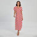 Red And White Checkered Pattern Print Short Sleeve Maxi Dress