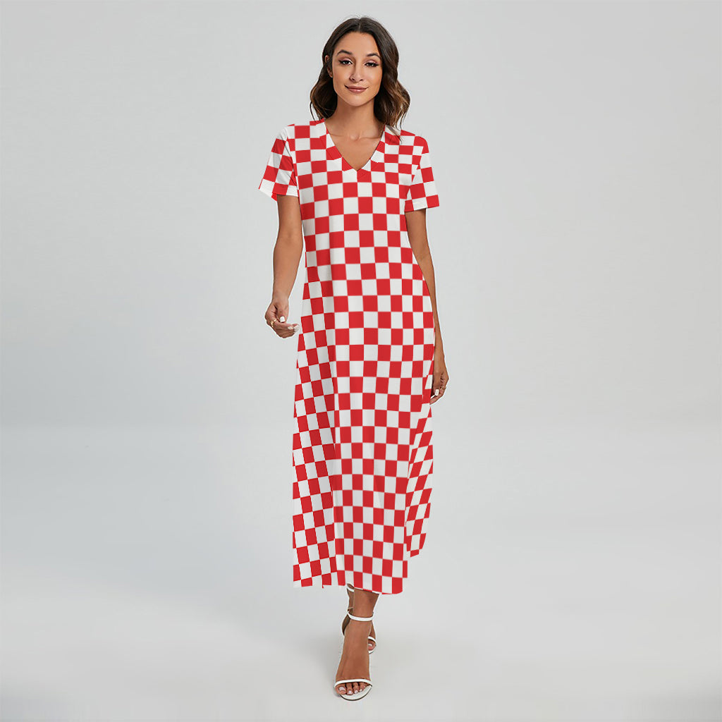 Red And White Checkered Pattern Print Short Sleeve Maxi Dress
