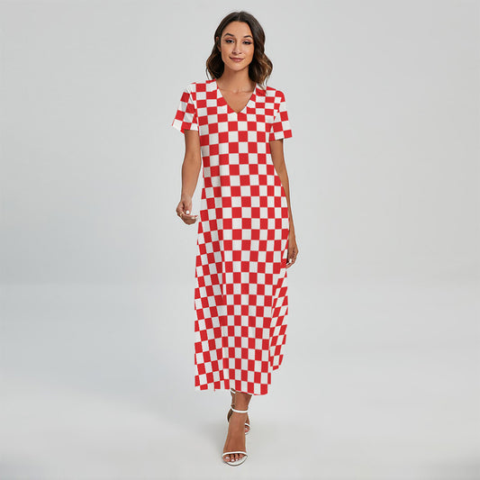 Red And White Checkered Pattern Print Short Sleeve Maxi Dress