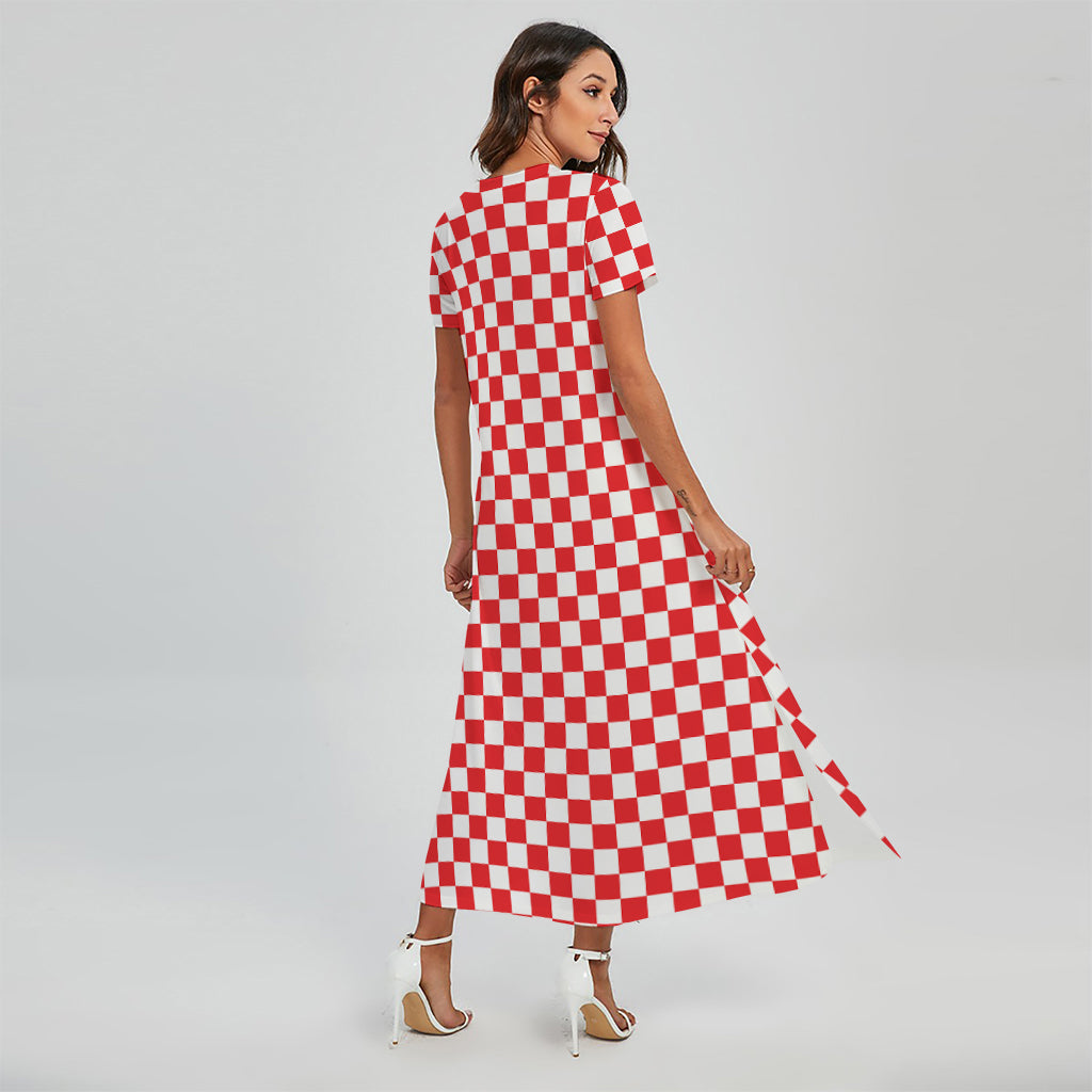 Red And White Checkered Pattern Print Short Sleeve Maxi Dress