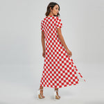 Red And White Checkered Pattern Print Short Sleeve Maxi Dress
