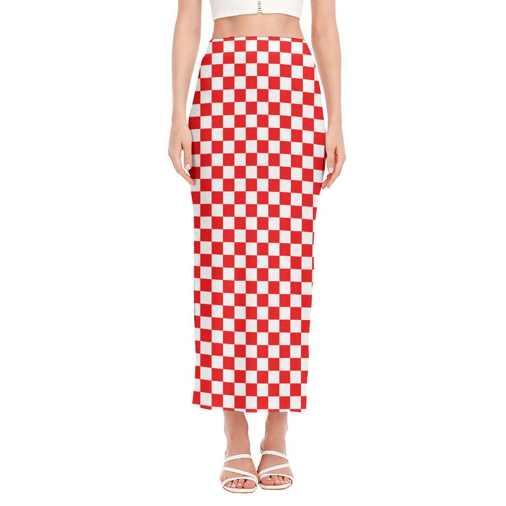 Red And White Checkered Pattern Print Side Slit Maxi Skirt