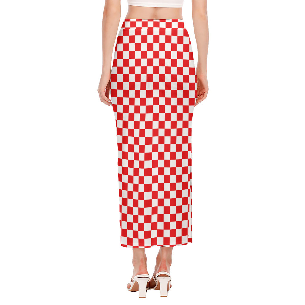 Red And White Checkered Pattern Print Side Slit Maxi Skirt