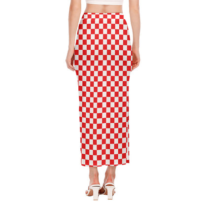 Red And White Checkered Pattern Print Side Slit Maxi Skirt