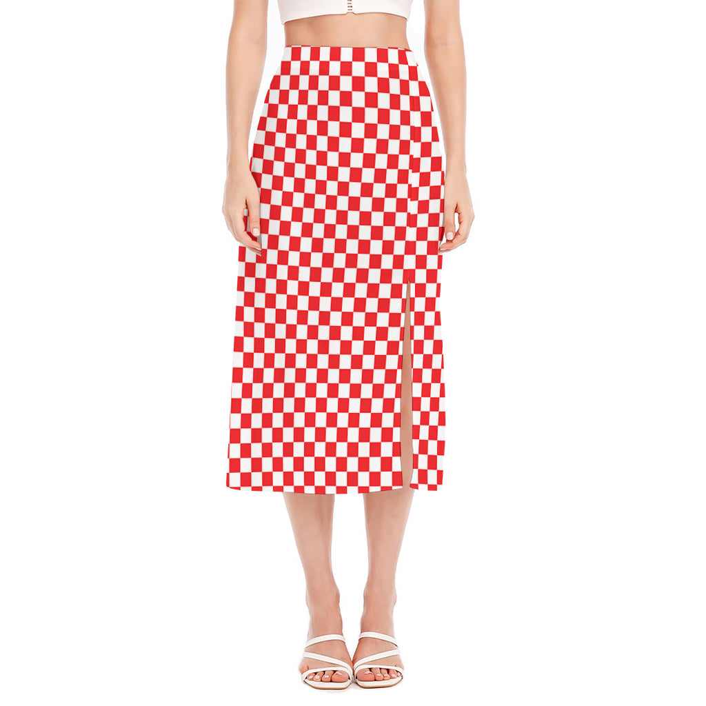 Red And White Checkered Pattern Print Side Slit Midi Skirt