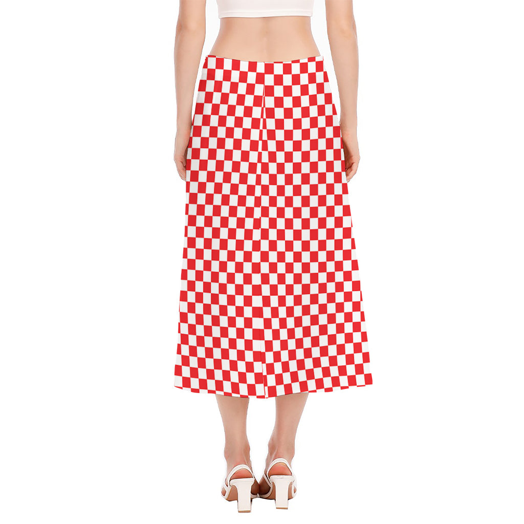 Red And White Checkered Pattern Print Side Slit Midi Skirt