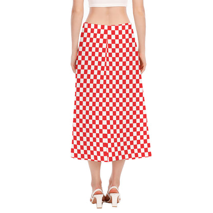 Red And White Checkered Pattern Print Side Slit Midi Skirt