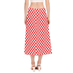 Red And White Checkered Pattern Print Side Slit Midi Skirt