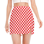 Red And White Checkered Pattern Print Side Slit Mini Skirt