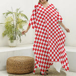 Red And White Checkered Pattern Print Silk V-Neck Kaftan Dress