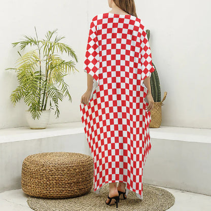 Red And White Checkered Pattern Print Silk V-Neck Kaftan Dress