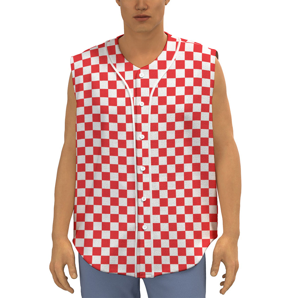Red And White Checkered Pattern Print Sleeveless Baseball Jersey
