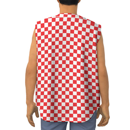 Red And White Checkered Pattern Print Sleeveless Baseball Jersey