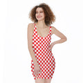 Red And White Checkered Pattern Print Sleeveless Bodycon Dress