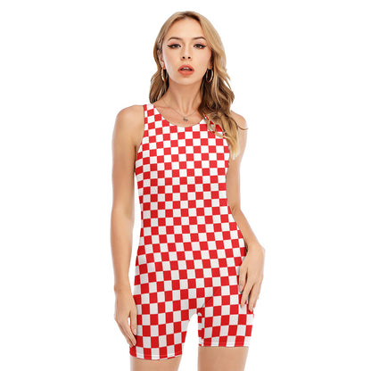 Red And White Checkered Pattern Print Sleeveless One Piece Swimsuit