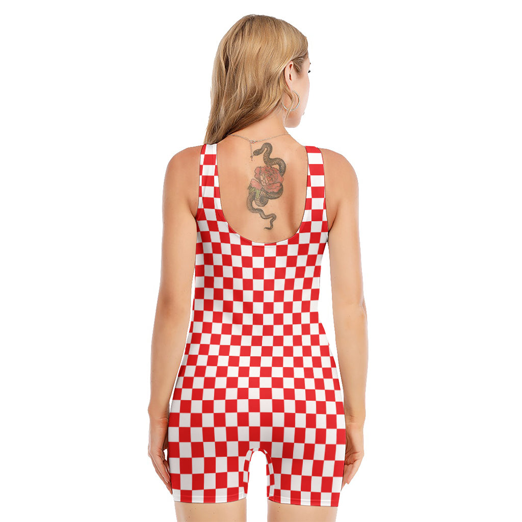 Red And White Checkered Pattern Print Sleeveless One Piece Swimsuit