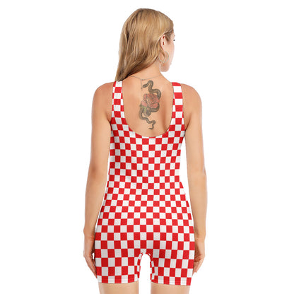 Red And White Checkered Pattern Print Sleeveless One Piece Swimsuit