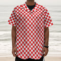 Red And White Checkered Pattern Print Textured Short Sleeve Shirt