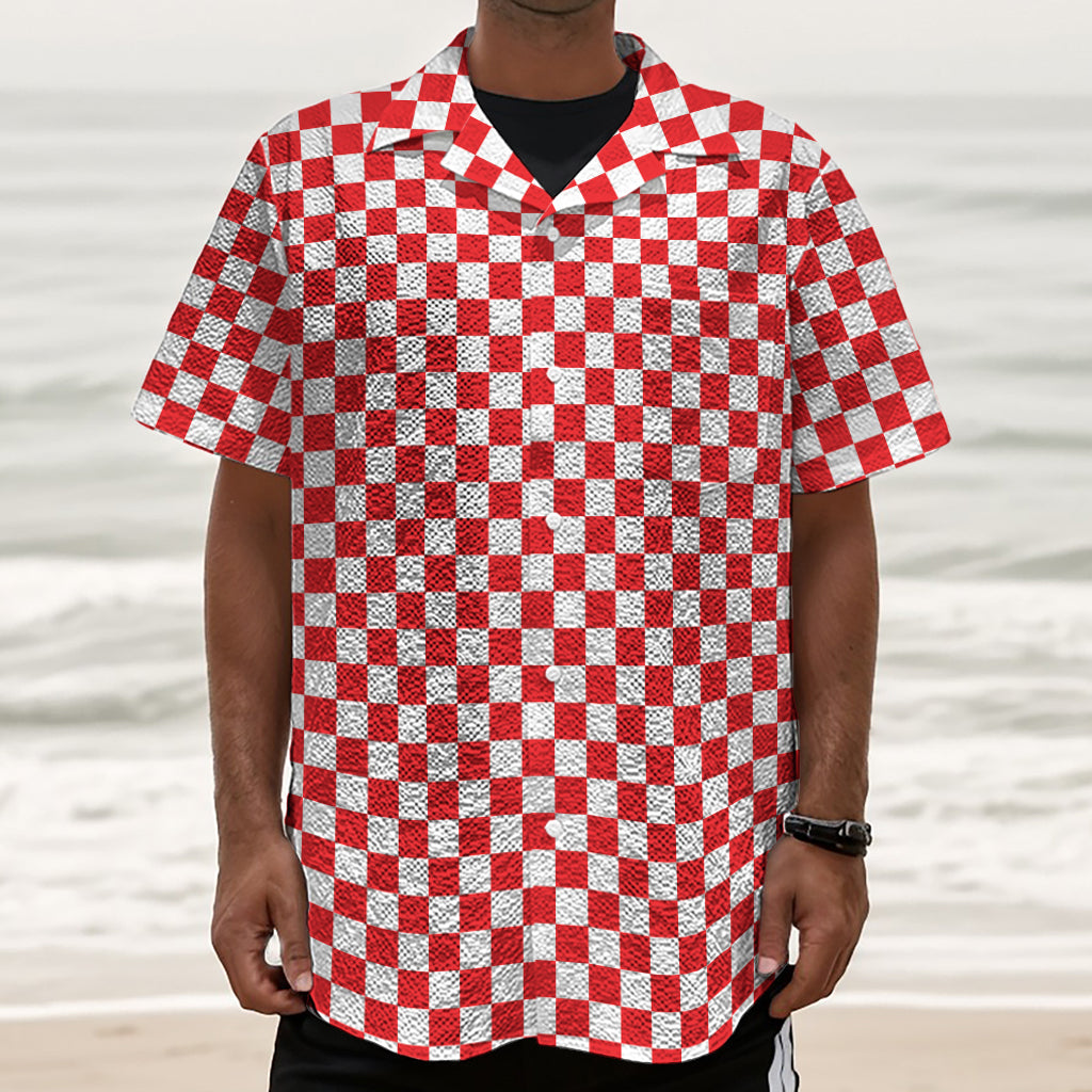Red And White Checkered Pattern Print Textured Short Sleeve Shirt