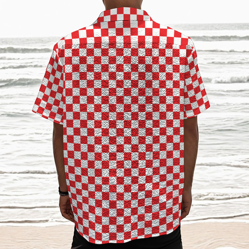 Red And White Checkered Pattern Print Textured Short Sleeve Shirt