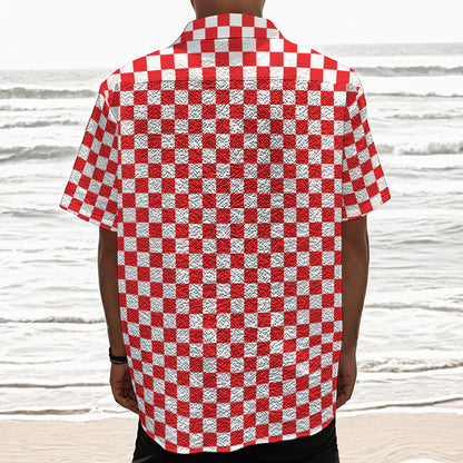 Red And White Checkered Pattern Print Textured Short Sleeve Shirt