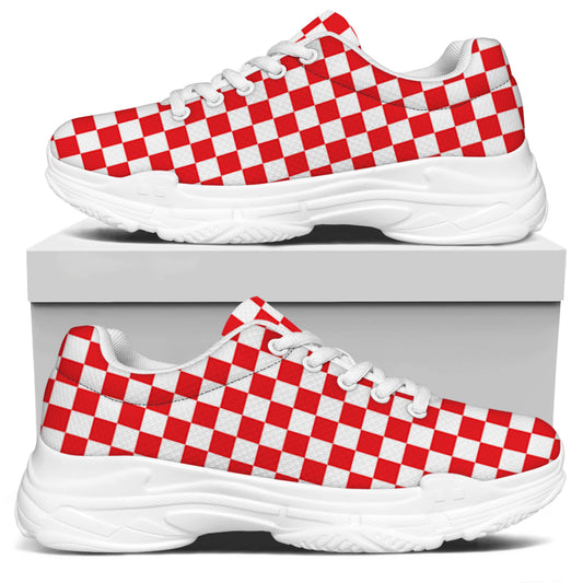 Red And White Checkered Pattern Print White Chunky Shoes
