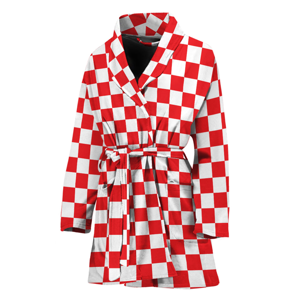 Red And White Checkered Pattern Print Women's Bathrobe