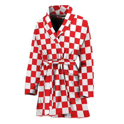 Red And White Checkered Pattern Print Women's Bathrobe