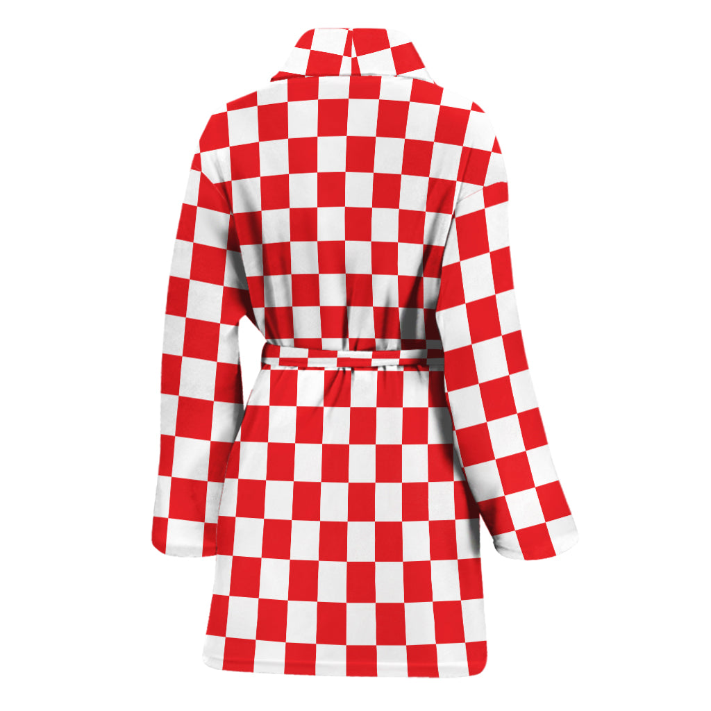 Red And White Checkered Pattern Print Women's Bathrobe