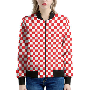 Red And White Checkered Pattern Print Women's Bomber Jacket