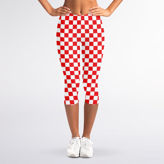 Red And White Checkered Pattern Print Women's Capri Leggings